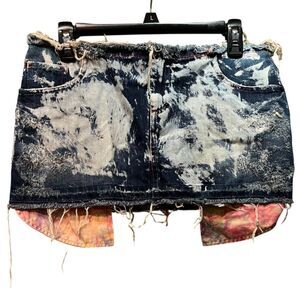 PRPS Blue Distressed Denim Cotton Mini Skirt Exposed Pockets Grunge Edgy Sz 32"